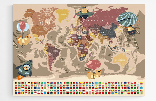 Canvas print Carte du Monde avec drapeaux
