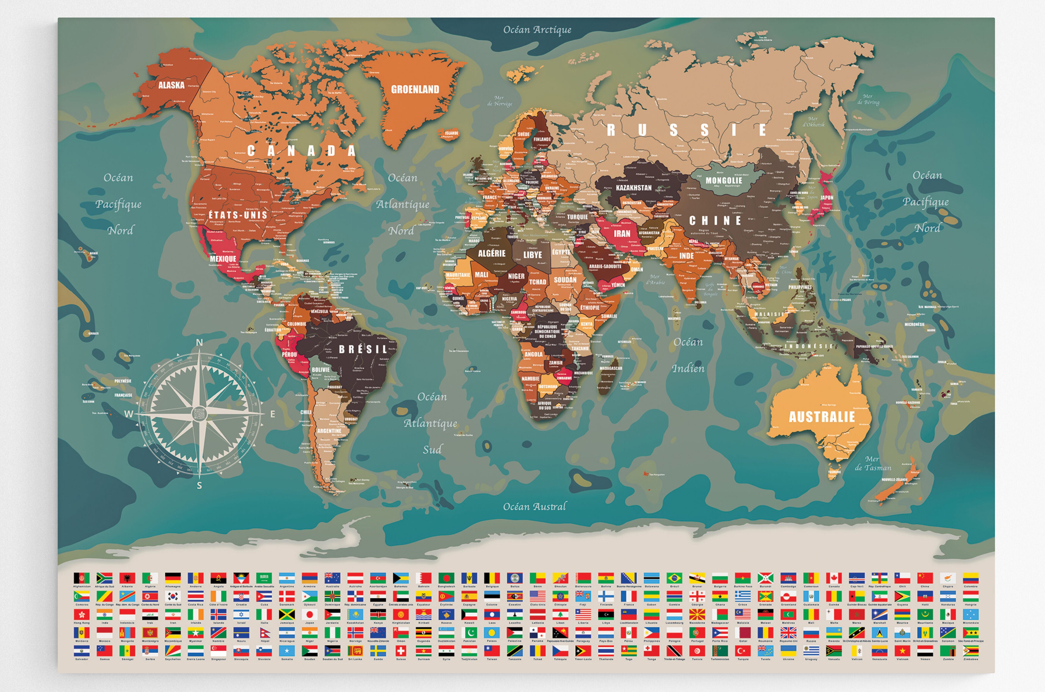 Tableau planisphère coloré pour enfant : carte du monde déco