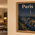 Affiche de presentation ville Paris en style 1950s, encadrée en chêne