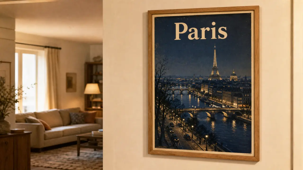 Affiche de presentation ville Paris en style 1950s, encadrée en chêne