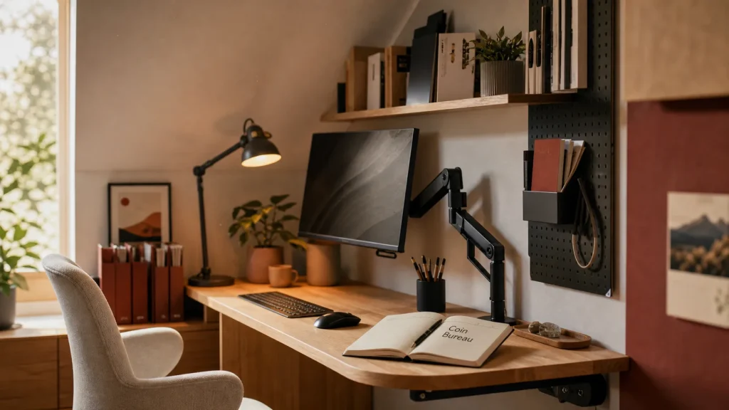 Bureau dans 2 m² : emplacement discret, meuble compact et rangements muraux