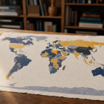 Carte de monde en planisphère sur un bureau, style risograph