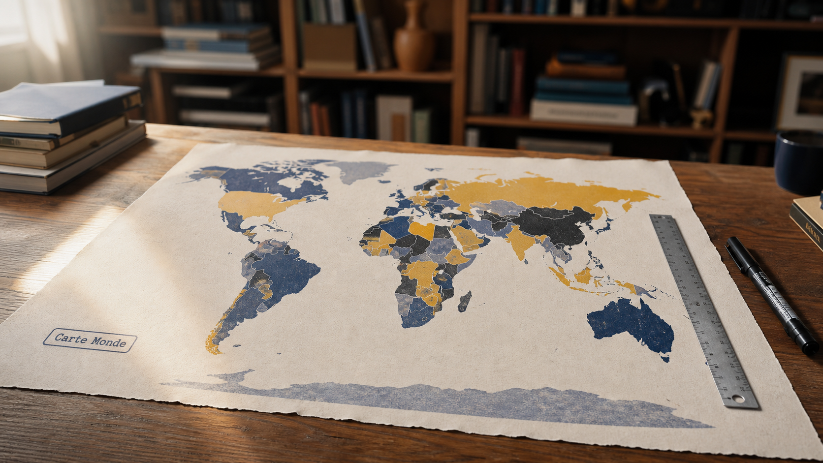 Carte de monde en planisphère sur un bureau, style risograph