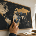 Carte du monde à gratter : main gratte et révèle les pays