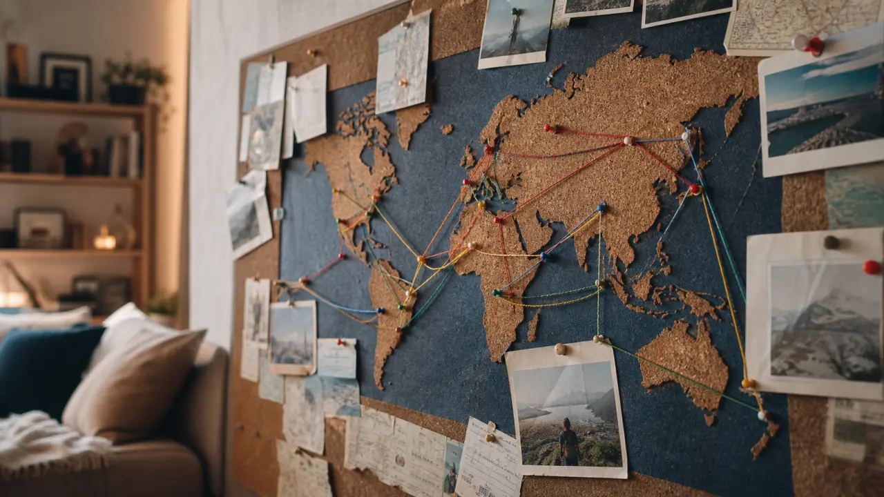 Carte du monde liege en liège avec punaises, mur de souvenirs voyageurs