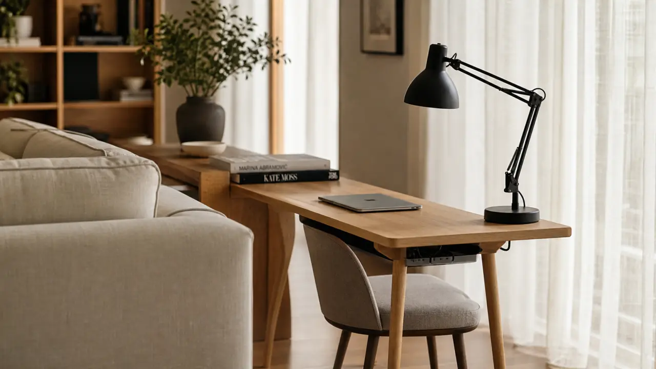 Coin bureau salon : bureau étroit en bois clair et console, avec chaise et lampes