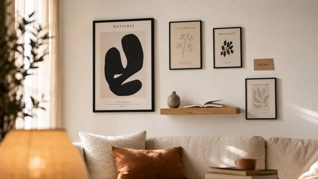 Décorer mur blanc avec cadres, étagère flottante et lumière naturelle.