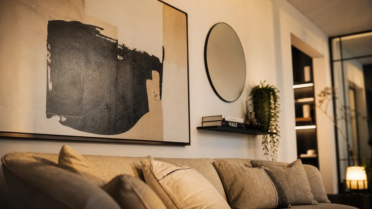 Décorer un mur avec cadres, miroir et reliefs pour réchauffer le salon