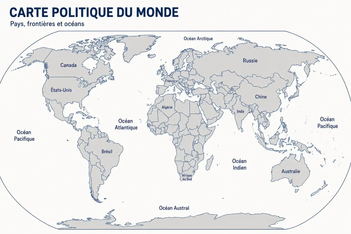 Carte de monde politique avec continents, océans et pays lisibles