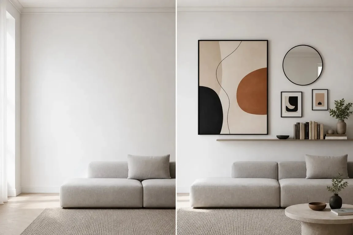 Décorer un mur de salon avec un grand tableau, un miroir rond, des cadres et une étagère fine dans un intérieur contemporain