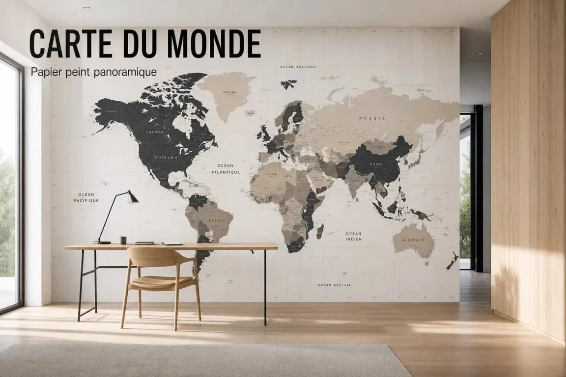 Papier peint carte du monde dans un intérieur contemporain