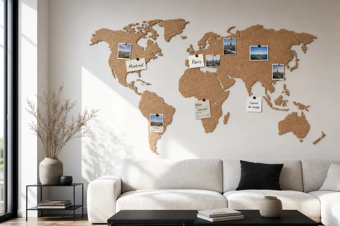 Carte du monde en liège décorative installée dans un salon moderne avec des souvenirs de voyage