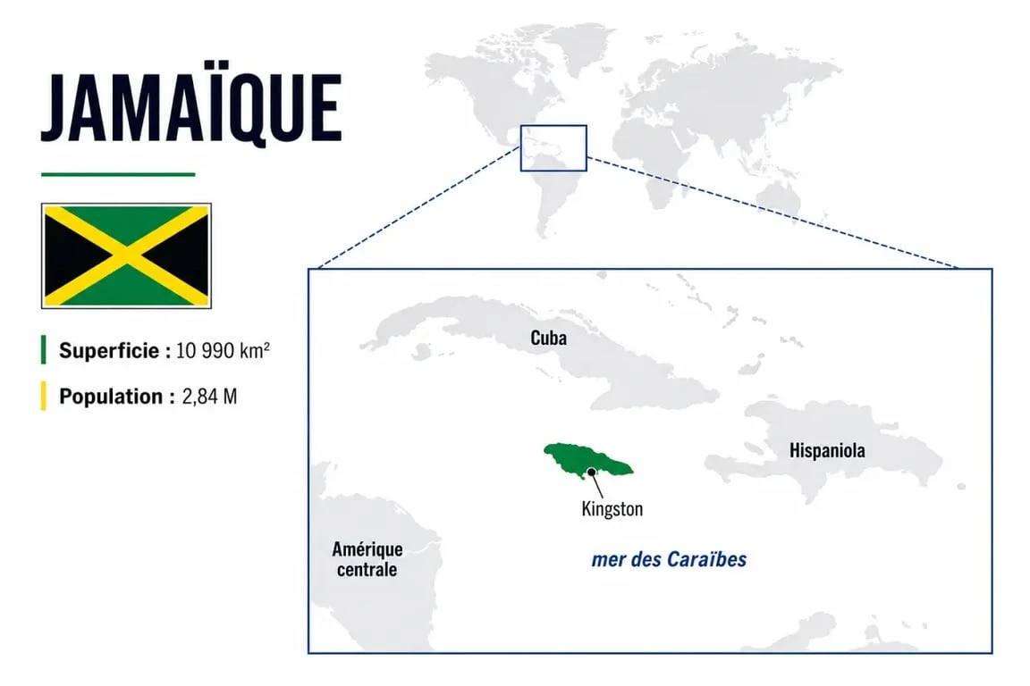 Jamaïque carte monde montrant sa position dans les Caraïbes, au sud de Cuba et à l’ouest d’Hispaniola