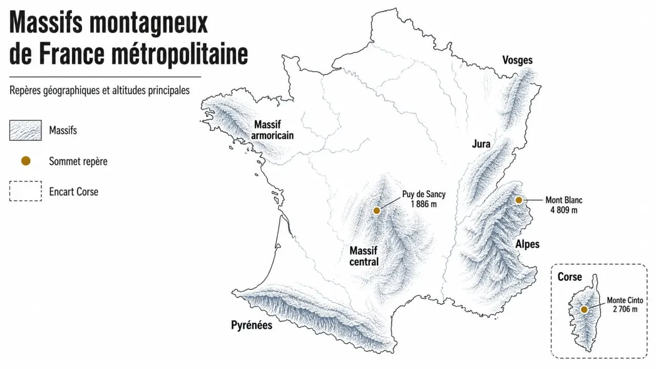 Carte montagne de France avec les principaux massifs et leurs altitudes