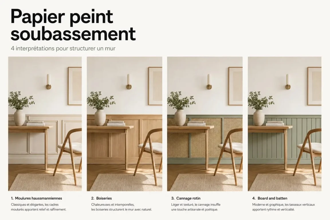 Papier peint soubassement dans un intérieur décoratif avec effets moulures, boiseries, cannage et board and batten