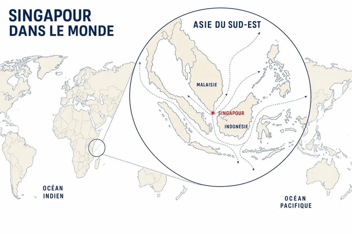 Singapour sur la carte du monde, localisation de Singapour en Asie du Sud-Est