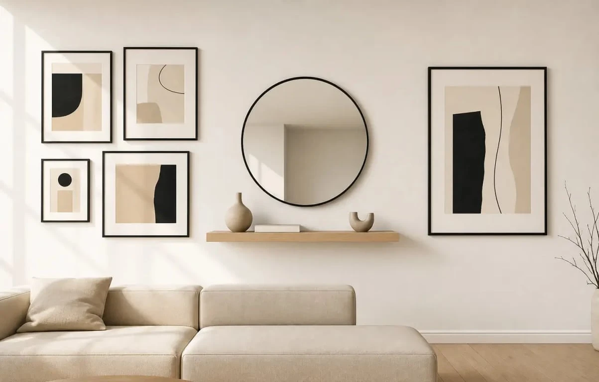 Idées pour decorer un mur blanc dans un salon avec cadres, miroir et étagère flottante