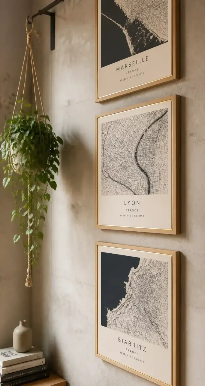 Galerie murale d'affiches géographiques encadrées