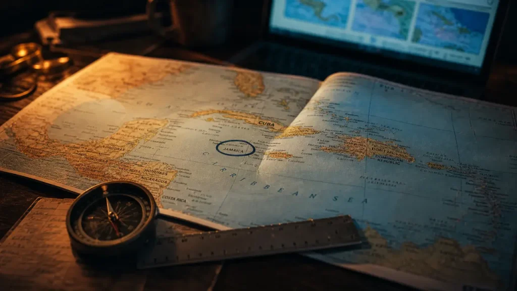 Jamaïque sur une carte du monde : 145 km de Cuba, 191 km d’Hispaniola