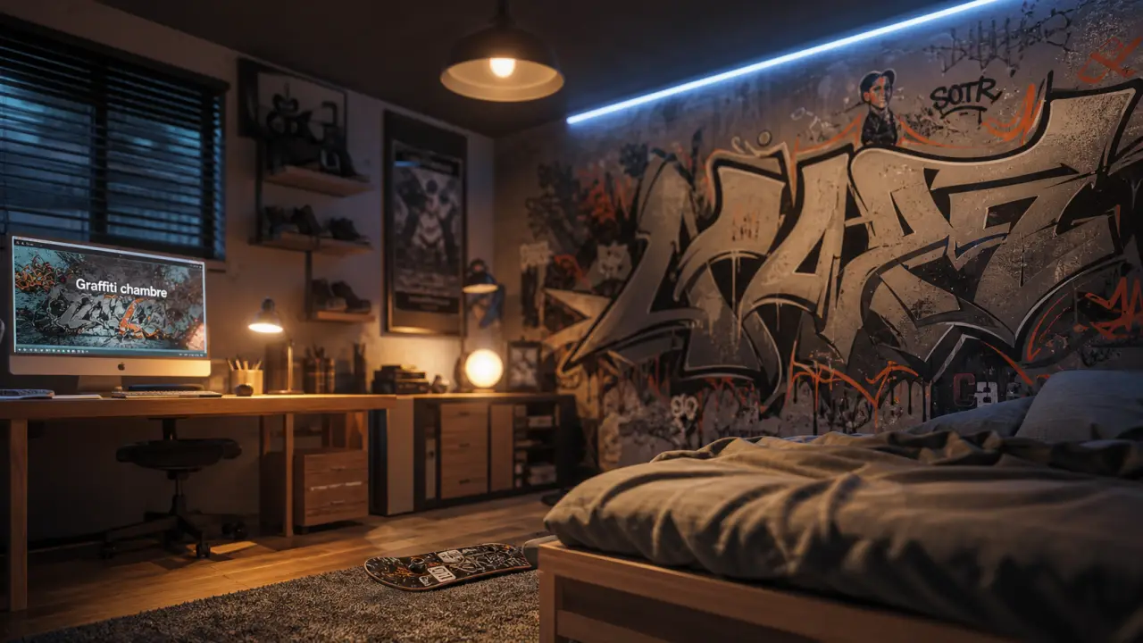 Papier peint chambre ado graffiti chic, mur principal réussi