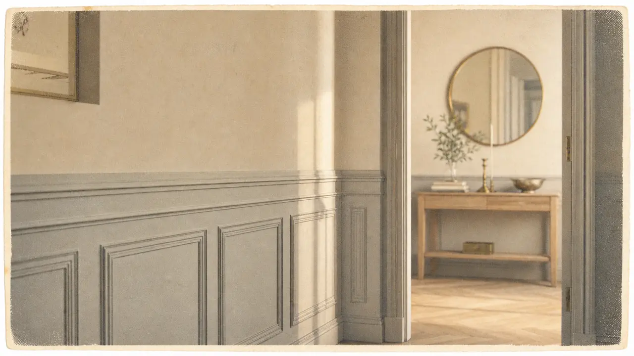 Papier peint soubassement effet boiseries et moulures haussmanniennes