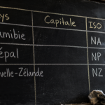 Pays commencant par n : Namibie, Népal, Nouvelle-Zélande, codes ISO sur tableau noir