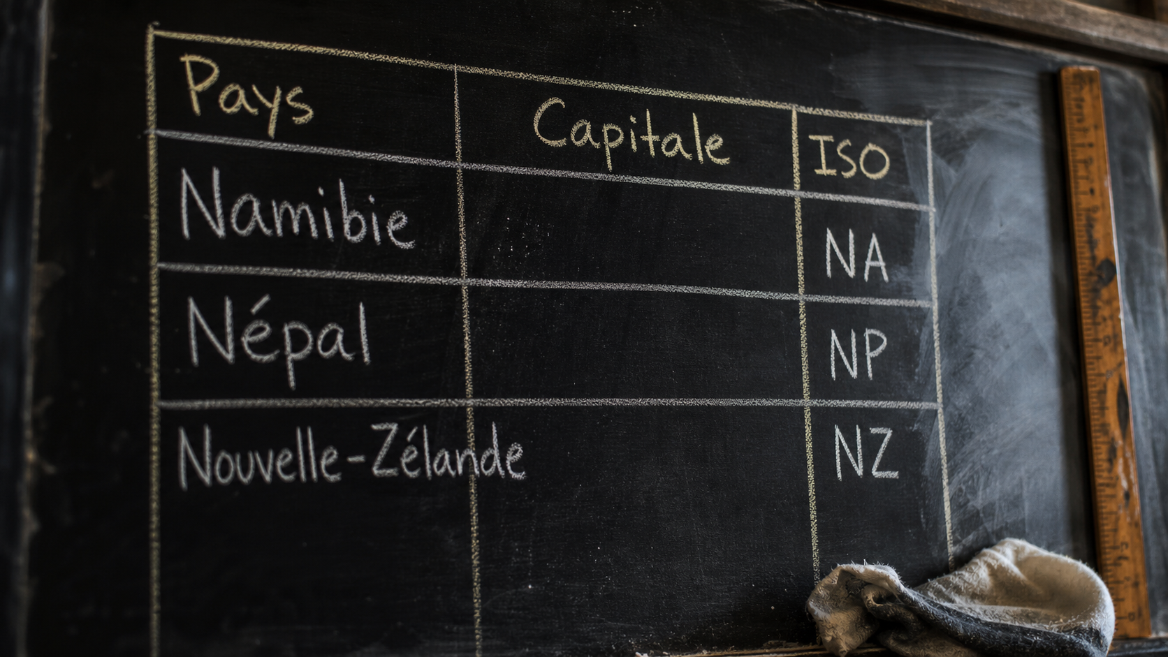 Pays commencant par n : Namibie, Népal, Nouvelle-Zélande, codes ISO sur tableau noir
