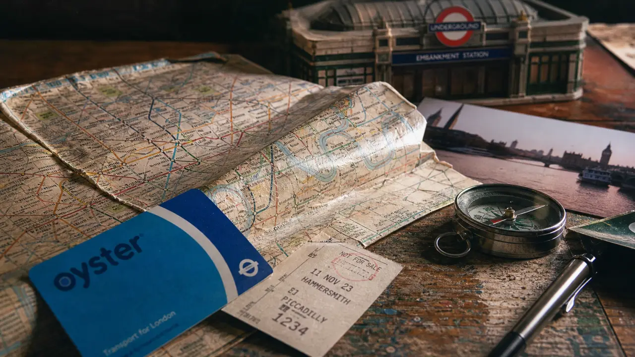 Plan Londres sur carte Oyster, métro et boussole