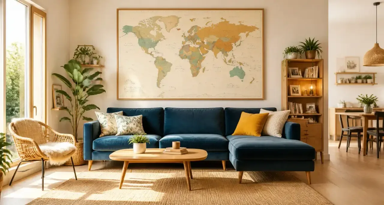 Salon décoré d'une grande carte du monde murale