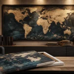 Tableau monde planisphère canvas tendu sur châssis dans un salon