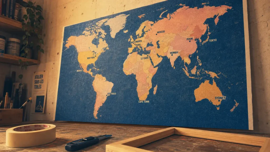 Carte du monde avec villes : affiche, toile ou papier peint pour votre mur ?