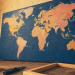 Carte du monde et ville sur mur : affiche, toile ou papier peint