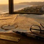 Carte du monde Los Angeles sur bureau, repères du Pacifique et littoral
