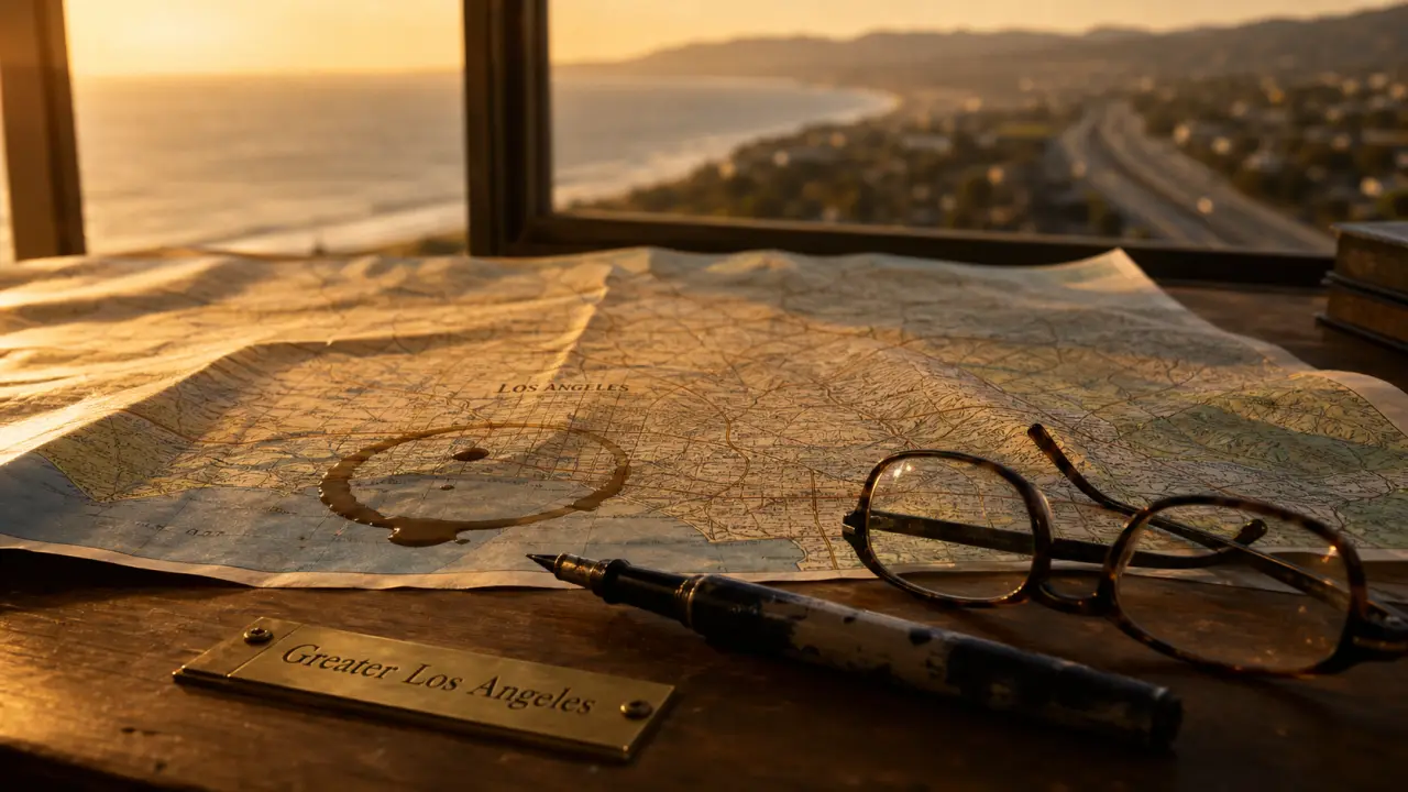 Carte du monde Los Angeles sur bureau, repères du Pacifique et littoral