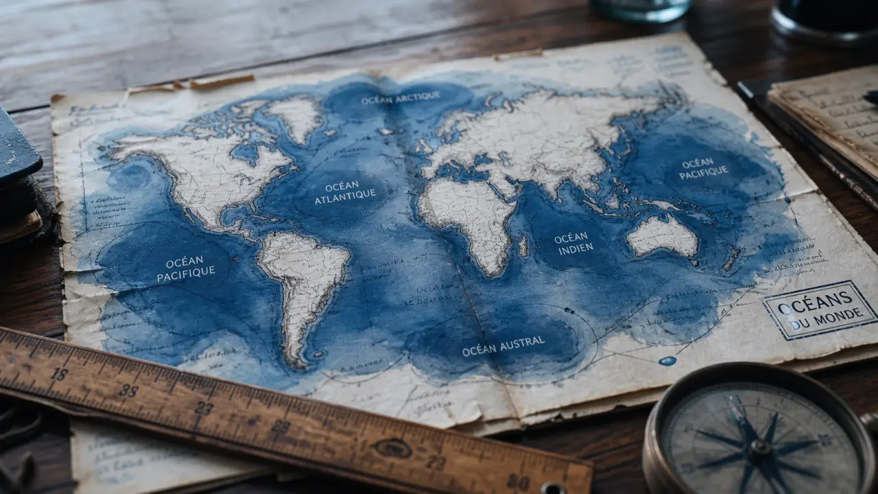 carte du monde ocean montrant 5 océans et repères