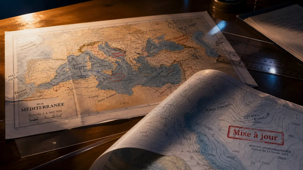 Cartographie méditerranée : carte marine sur table, mise à jour