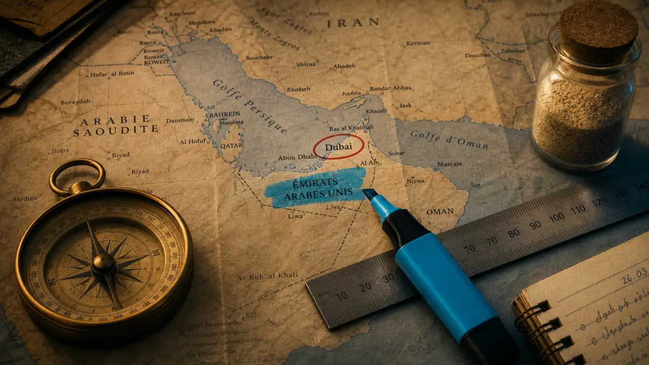 Dubai carte du monde, Émirats arabes unis et voisins près du golfe Persique