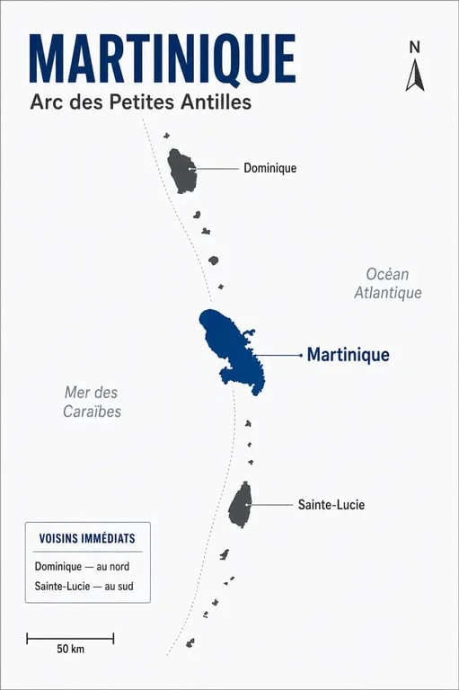 Martinique carte du monde : position de l’île entre la Dominique et Sainte-Lucie dans les Petites Antilles