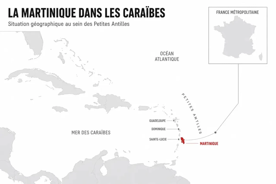Martinique carte du monde : vue éditoriale de l’île dans les Caraïbes avec repères sur les Antilles et la France