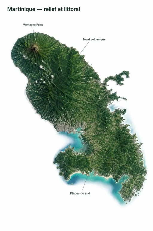 Martinique carte du monde : relief volcanique du nord et plages du sud en vue satellite