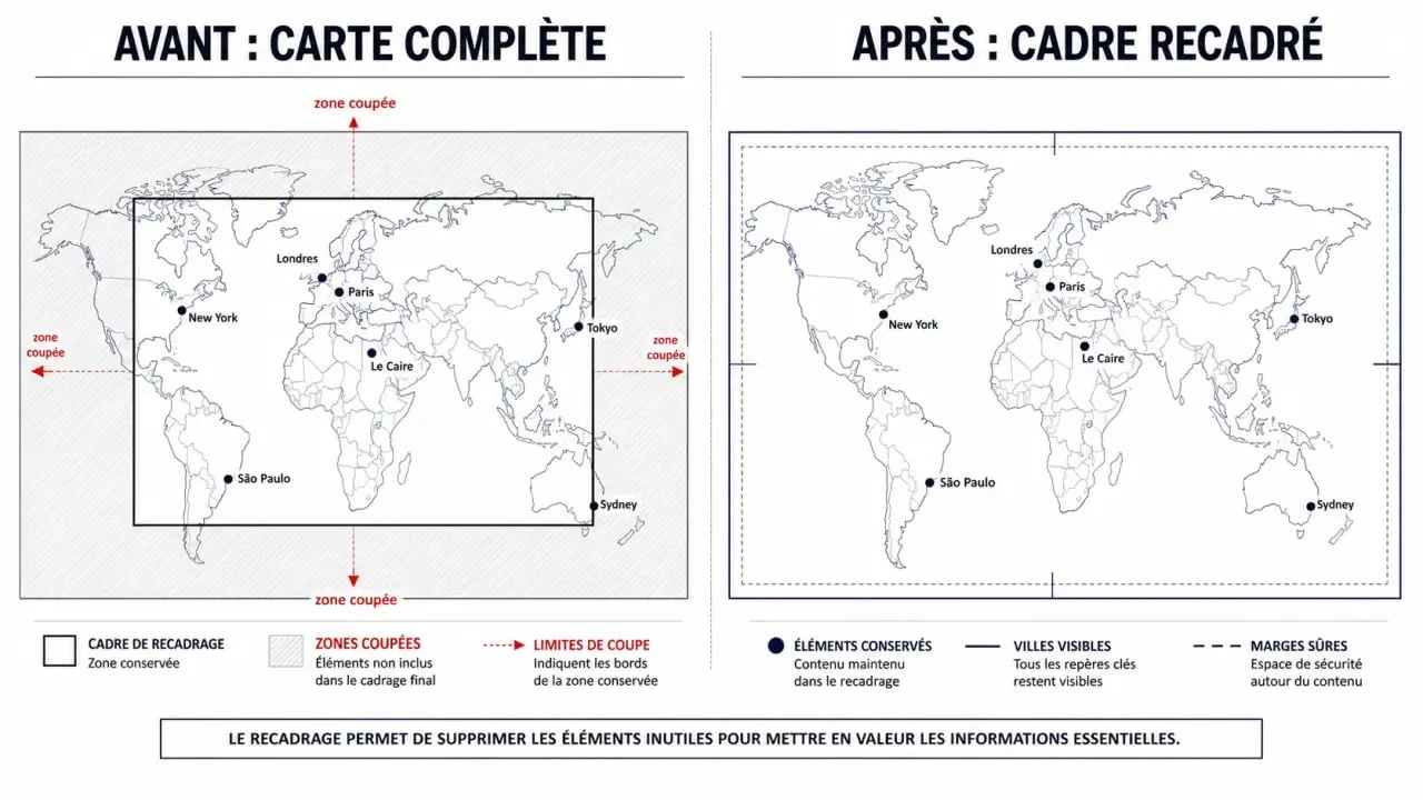 Carte du monde et ville : exemple de recadrage avant et après selon les dimensions