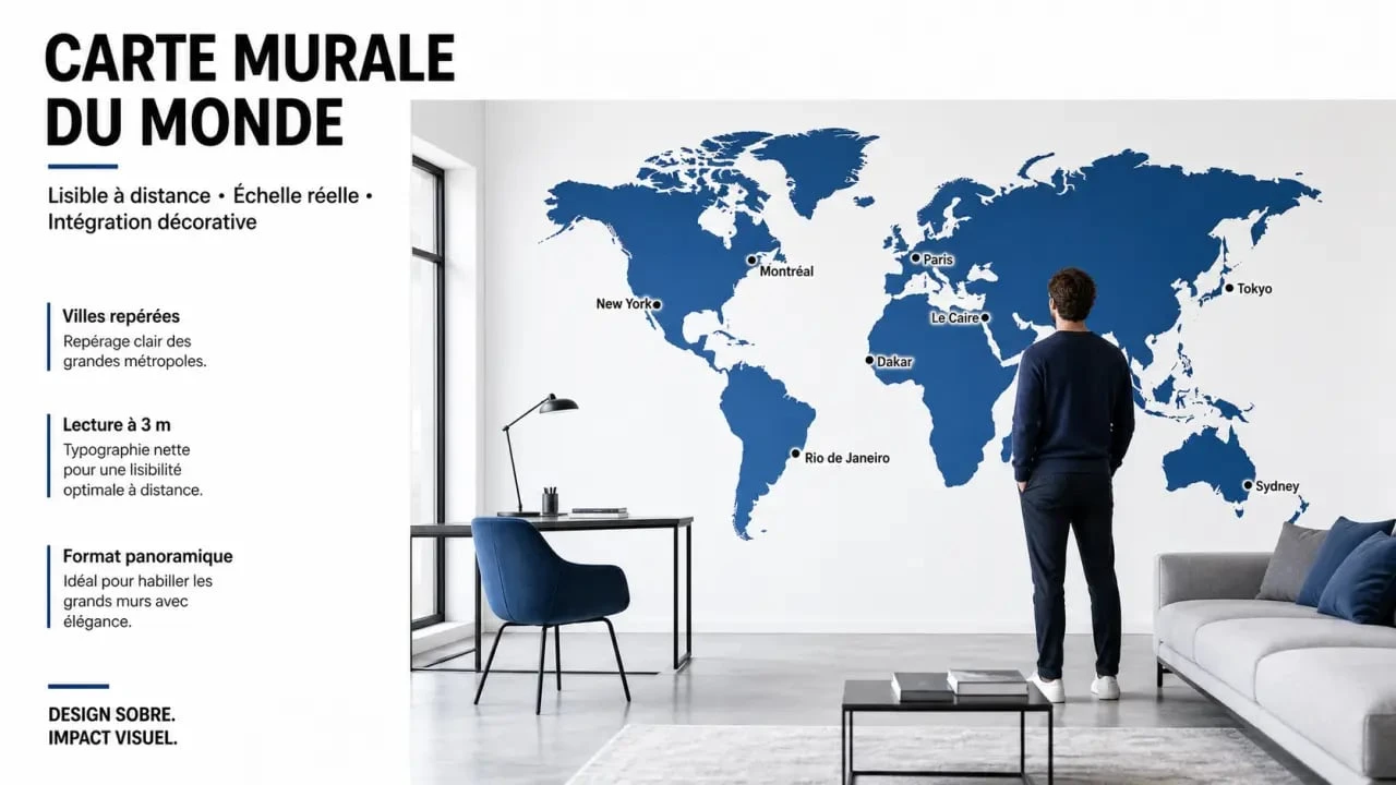 Carte du monde et ville : exemple d'intégration décorative dans un salon