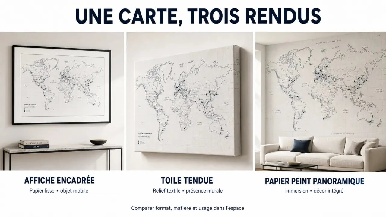Carte du monde et ville : comparaison visuelle entre affiche, toile et papier peint