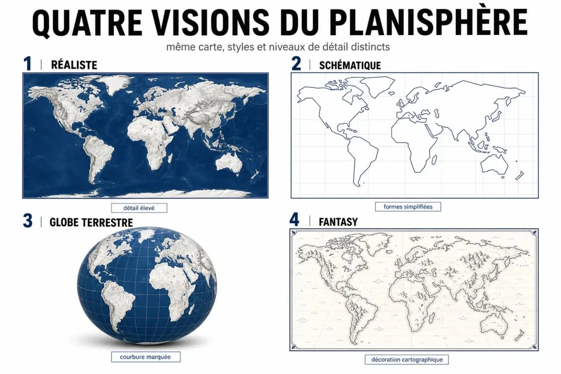 Dessiner la carte du monde dans quatre styles : réaliste, schématique, globe et fantasy