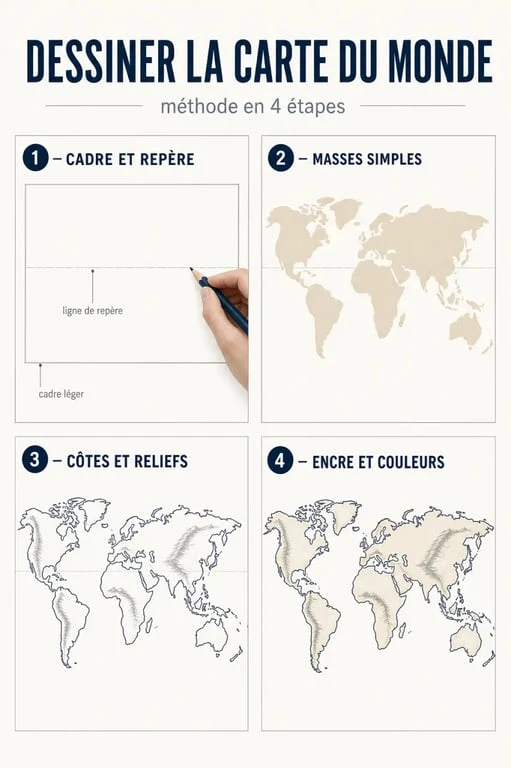 Dessiner la carte du monde en quatre étapes avec cadre, continents, détails et encrage