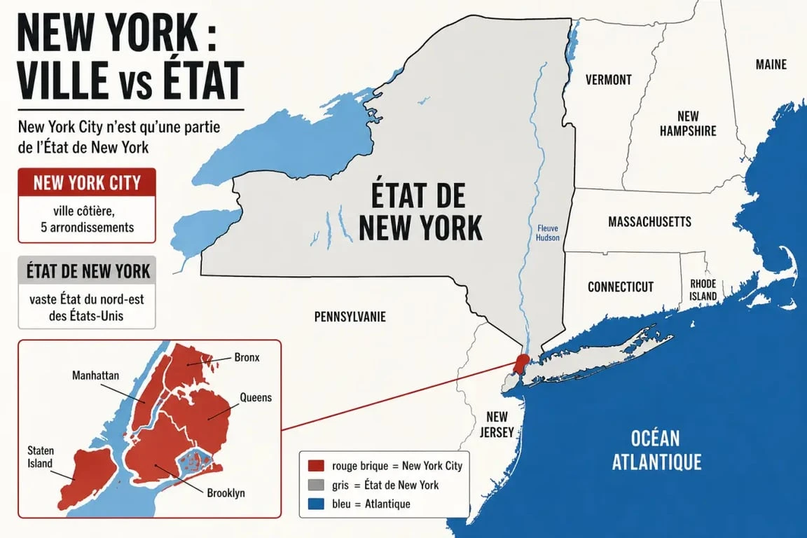 New York carte du monde et du nord-est des États-Unis pour distinguer New York City de l’État de New York