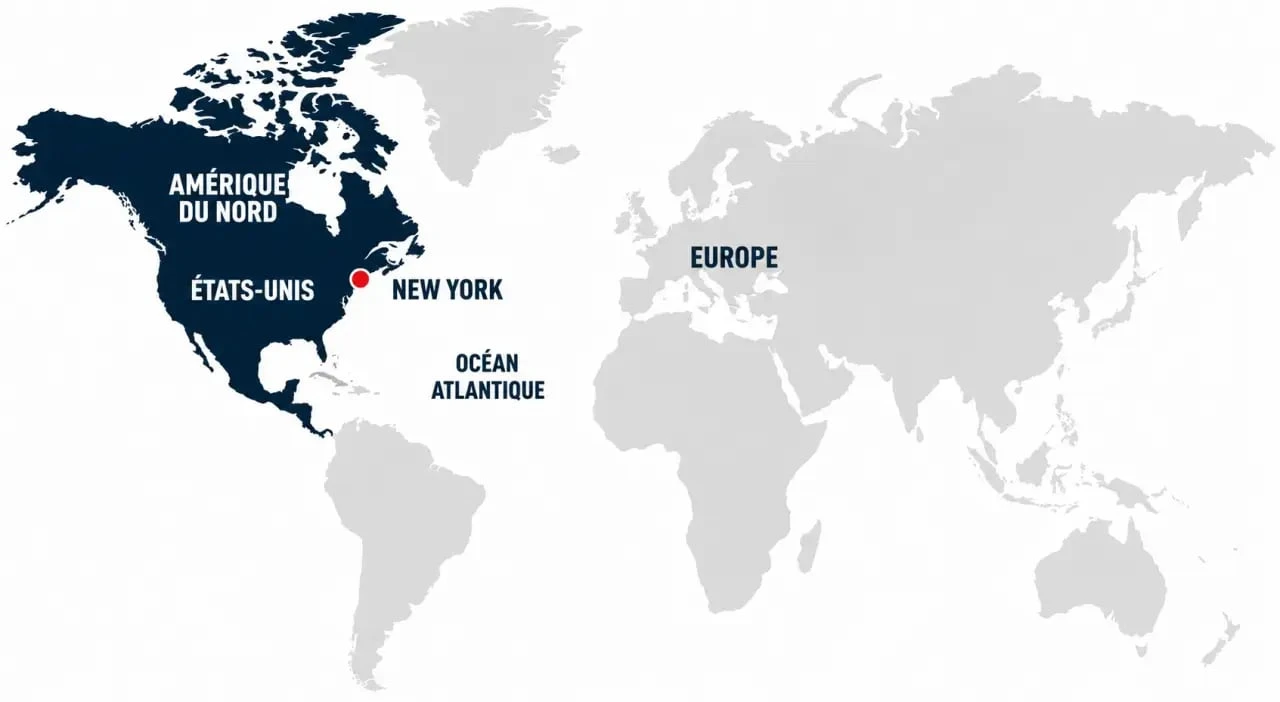 New York carte du monde montrant sa position sur la côte Est des États-Unis