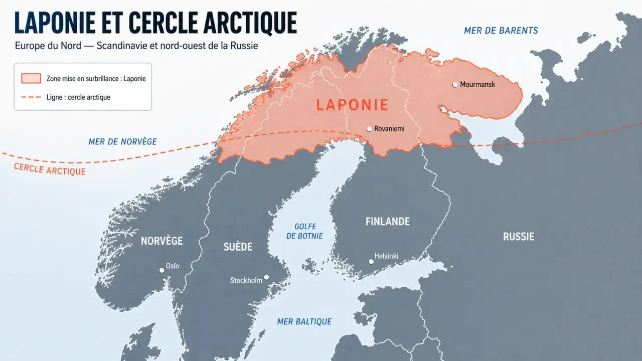 Laponie carte monde en zoom sur la Scandinavie et le cercle arctique
