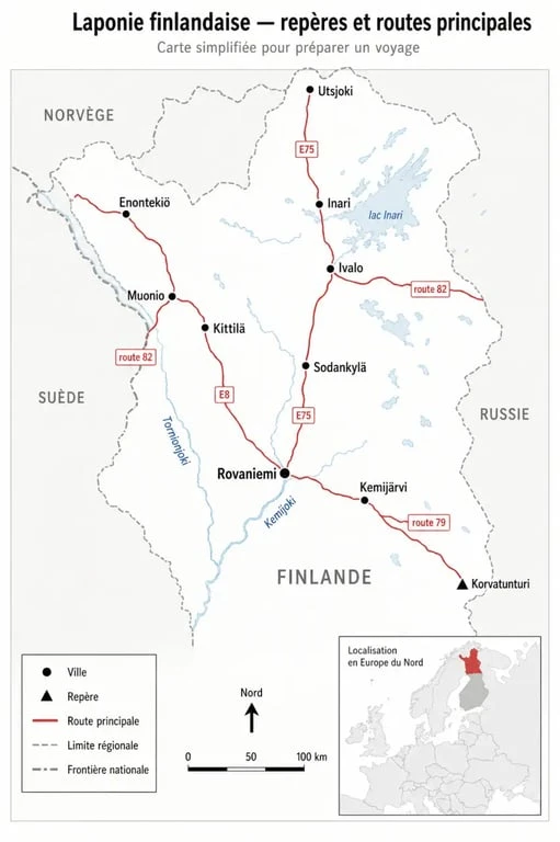 Laponie carte monde centrée sur la Laponie finlandaise avec Rovaniemi