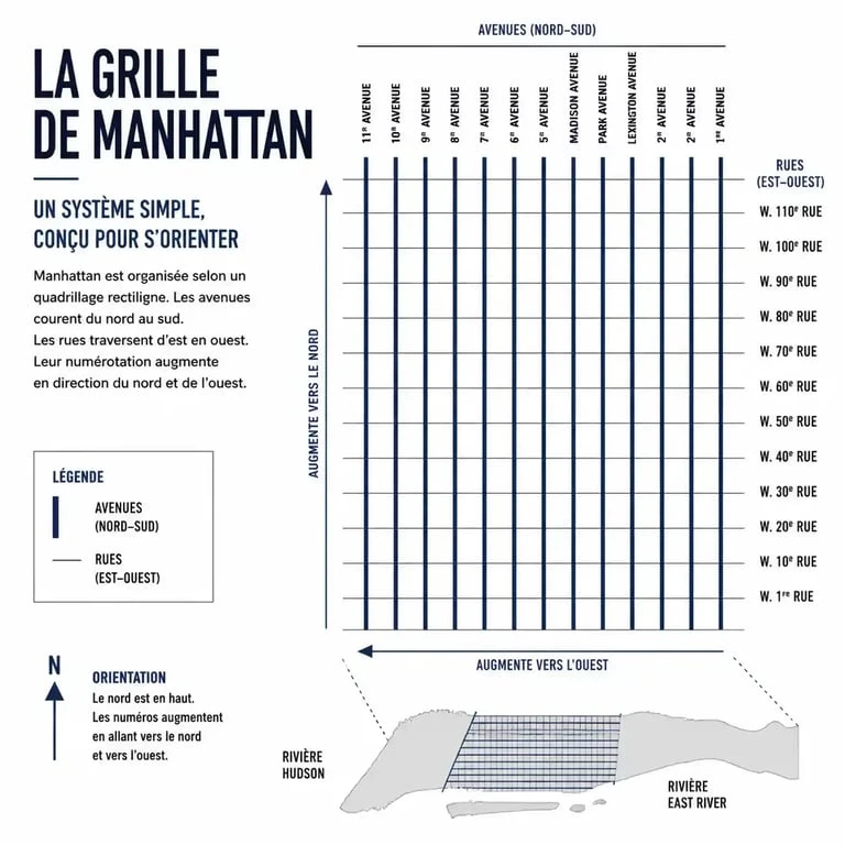 Schéma du plan en damier de Manhattan pour se repérer facilement